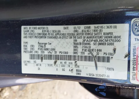 2012 Ford Fiesta Se из США, поврежденный, VIN 3FADP4BJ9CM170200